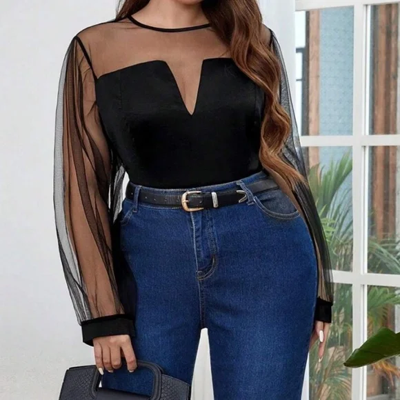 Plus Black Semi Sheer Long Sleeve top - Picture 5 of 5